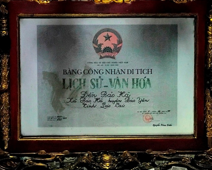 Bằng xếp hạng Di tích Lịch sử - Văn hóa Quốc Gia đền Bảo Hà Lào Cai