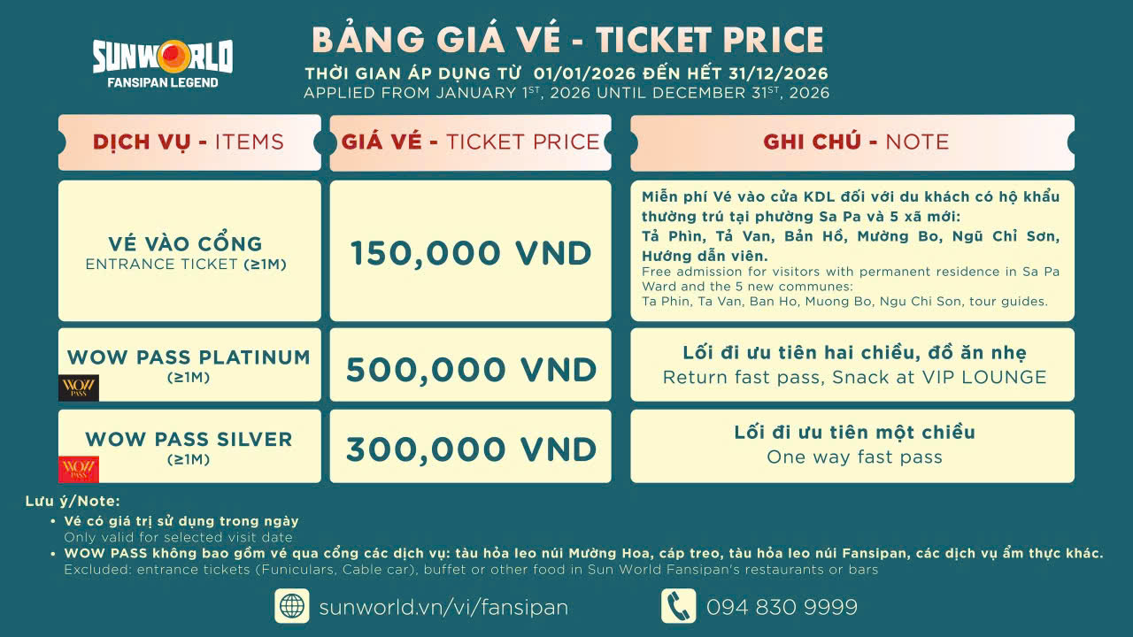 Bảng giá vé vào cổng và Wow Pass Fansipan 2026