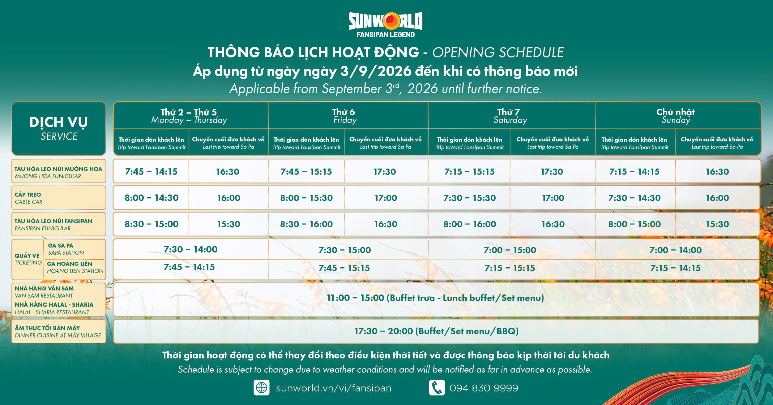 Thời gian hoạt động cáp treo Fansipan 2026