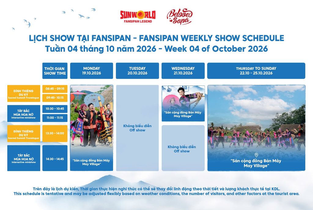 Lịch show biểu diễn tại Bản Mây Fansipan tuần 19–25/10/2026