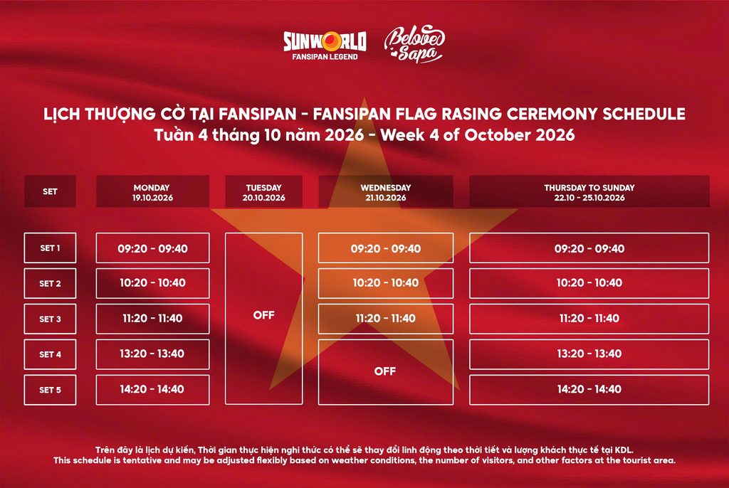 Lịch thượng cờ Fansipan tuần 19–25/10/2026 do Sun World Fansipan Legend công bố